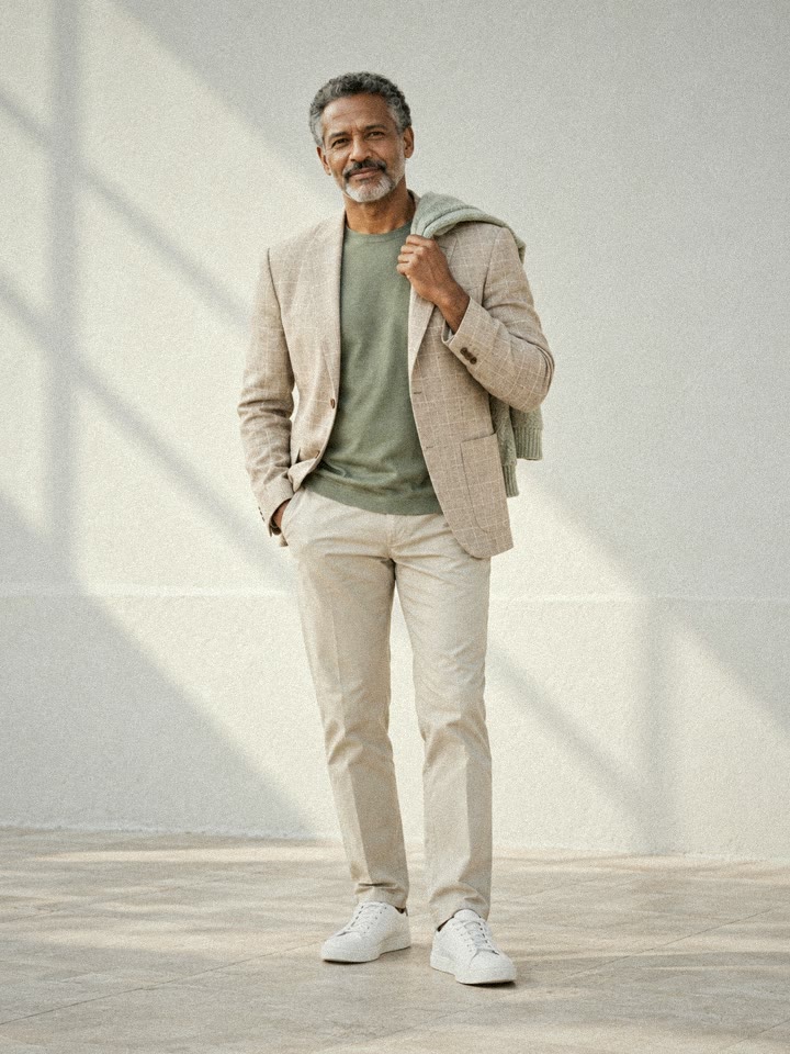 Man in a beige check blazer, sage T-shirt, stone chinos and white sneakers